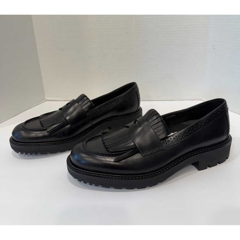 ECCO New Preppy Black Leather Lug Sole Kiltie Penny Loafer Slip On Shoes 10